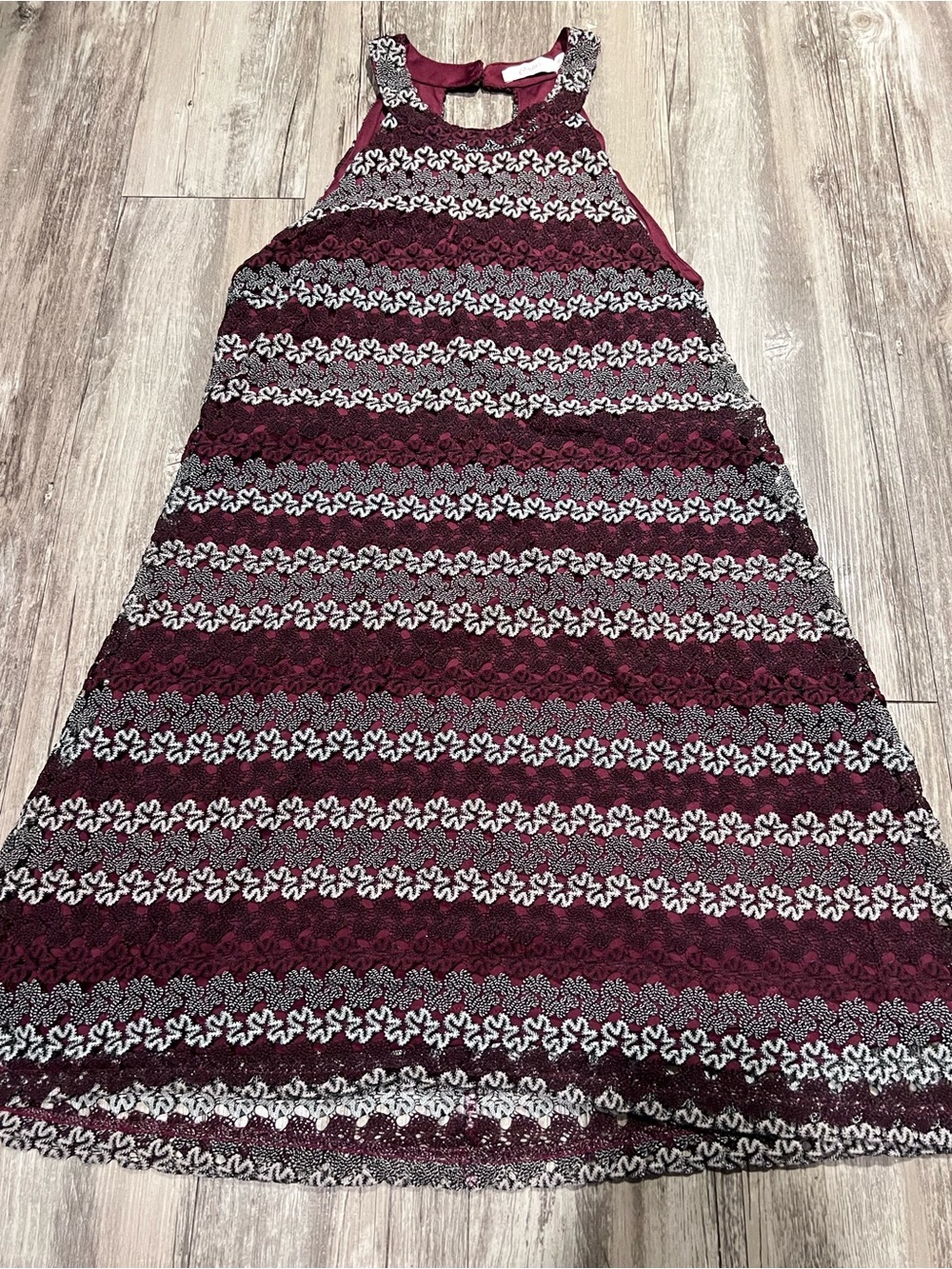 Candie's burgundy lace midi dress with cut out back. Size: XL